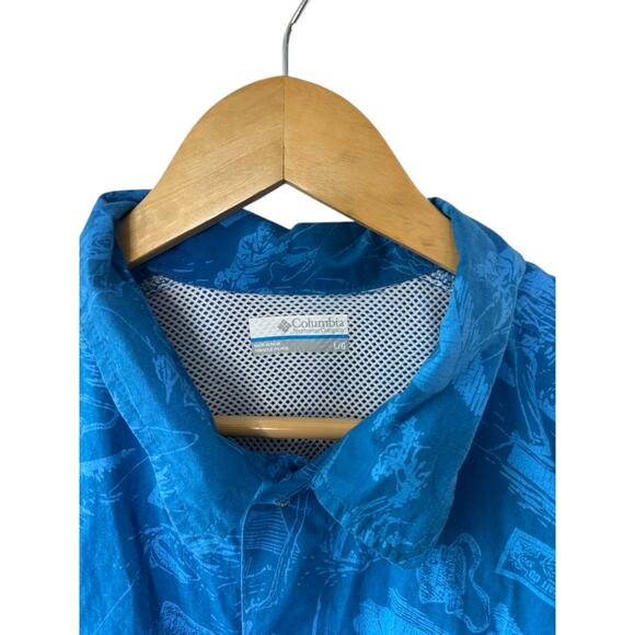 Columbia PFG Trollers Blue Fish Print Hawaiian Fishing Button-Up Shirt L New - Picture 2 of 9